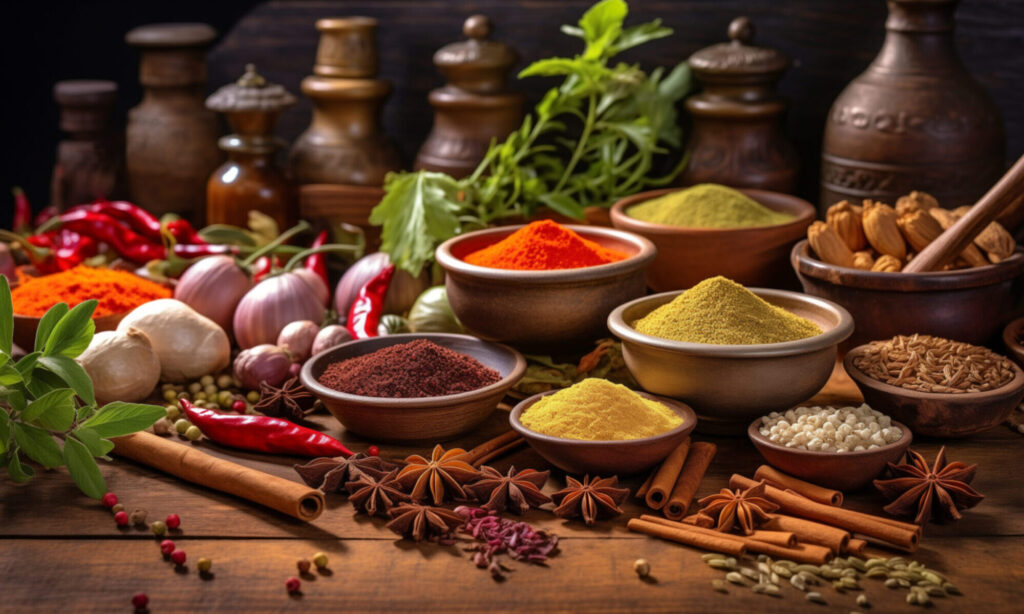 vecteezy wooden table filled with various varieties of spices 43533538