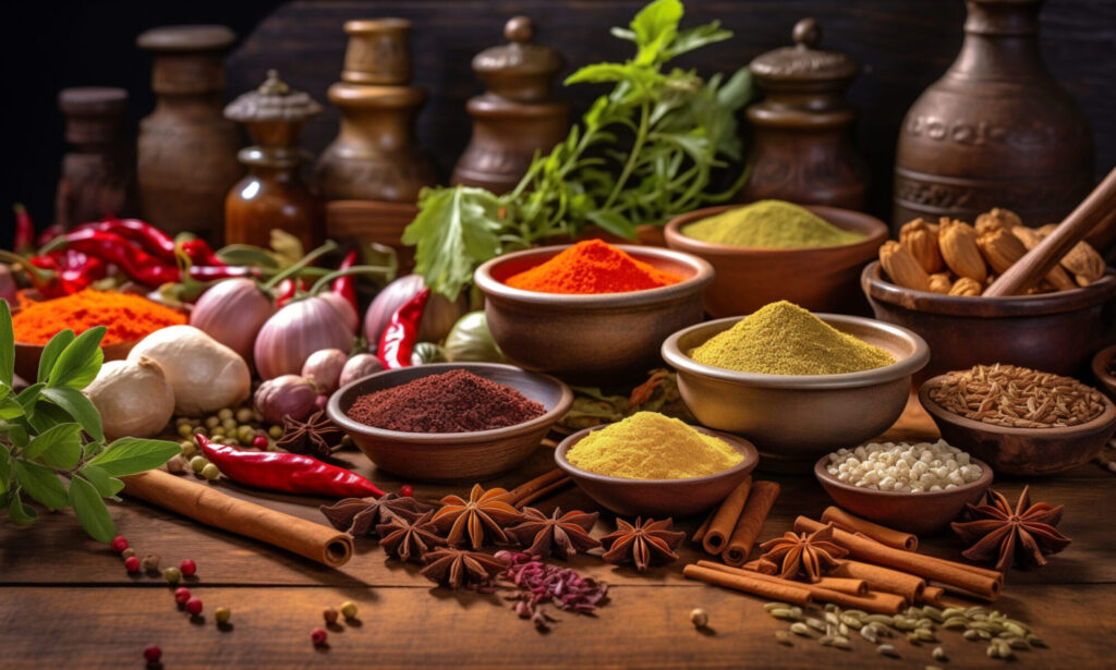 vecteezy wooden table filled with various varieties of spices 43533538